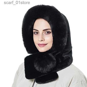 Hats Scarves Sets Women Winter Warm Fur Hat Scarf Plush Earfls Soft Thicken Hooded One Piece Set Bonnet Ski C Female Windproof Fluffy BeaniesL231113