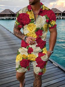 Herrspårar män sommarpolo t-shirt set manlig flerfärgad blommor mönster polo kostym 3d-tryckt golfpolo skjorta korta byxor fitness 2 stycken 230412