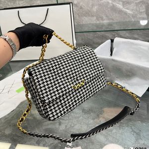 Womens Designer 19 Series Tweed Houndstooth Bags Gold Metal Hardware Interwoven Chain Crossbody Shoulder Purse Large Capacity Casual Versatil Handbags 25X15CM