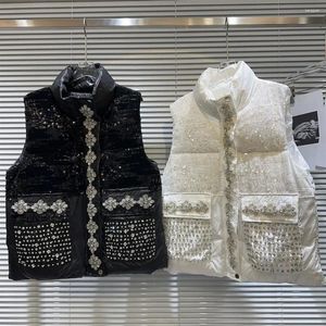 Kvinnors västar Autumn Winter Stand Collar Luxury Design Rhinestone Paillette Shinny Bling Cotton Padded Vest Coat SMLXLXXL