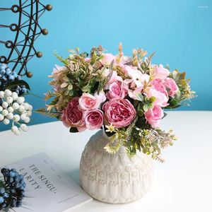 Decorative Flowers Rose Peony Artificial Bouquet Pink White Pueple Silk Fake Plants For Wedding Decoration Home Party Decor Bride