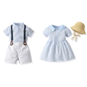 Kleidungssets Top und Top Sommer Plaid Bruder und Schwester Kinder passende Outfits Jungen Gentleman Anzug Mädchen Prinzessin Sommerkleid mit Hut Sets 230412