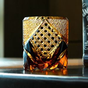 Tumbler Japon Edo Kiriko Crystal Gem Amber Viski Cam Manuel Elmas Kesim 3D Relief Wineglass Kraliyet Mahkemesi Açık Viski Tadım Kupası 230413