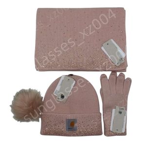 Carharttlys Hat Designer Original Quality Hot Diamond Wool Hat Gloves Scarf Autumn/Winter Women's Knitted Hat Detachable Wool Ball Warm Hat Flash Diamond Hat