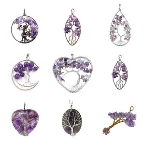 Naturstein-Kristall-Amethyst-Kies-Anhänger Schicksalsbaum-Anhänger umhüllt mit Kupfer-Lebensbaum-Anhänger