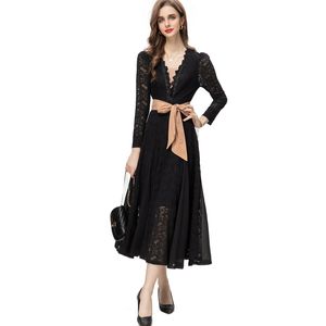 Women's Runway Dresses Sexy V Neck Long Sleeves Lace Up Bow Patchwork Lace Fashion A Line Mid Vestidos