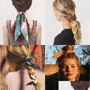 Bandanas Durag Retro Variety Printed Hairband Girl Simation Silk For Women Horsetail Elastic Hair Rope Headdress Chain Tie Drop De Dhe0O