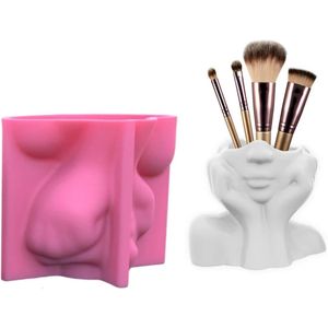 Decorative Objects Figurines Girl Face Flower Pot Silicone Mold Succulents Planter Vase Cheek Support Faces Gypsum Concrete Pen Brush Holder Mould 231113