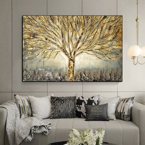 Gold Baum des Lebens Ölgemälde Poster und Drucke auf Leinwand Abstrakte Kunst Bilder Moderne Wandkunst für Zuhause Wohnzimmer Dekoration