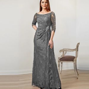 2024 elegante cinza mãe da noiva vestido colher 3/4 mangas plissado faixa de cristal renda a linha feminino casamento convidados vestidos de festa feito sob encomenda