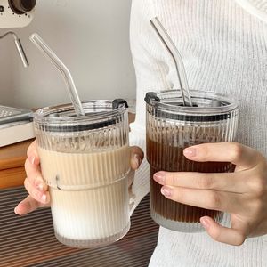 Tumblers 450 ml randkaffelglaskopp med lock och halm transparent bubbla te juice glas Mjölkmuggar Mocha Cups Breakfast Mug Copo 230413