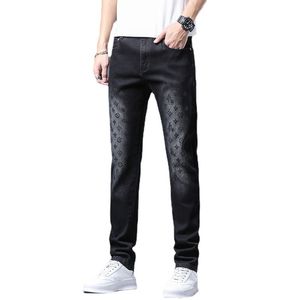 Hong Kong Autumn Thin Denim Men's Youth Print Trend Fashionable and Personalized Slim Fiting Elastic Pants With Small Feet