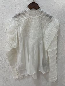 Women's Blouses Woman White Lace Embroidered Blouse Stand Collar Long Sleeved Ruffled Shoulder Back Buttons Sweets Tops