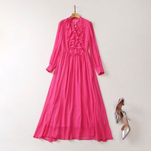 2023 Summer Hot Pink Ruffle Chiffon Dress Solid Color Long Sleeve Stand Collar Buttons Midi Casual Dresses A3A101513