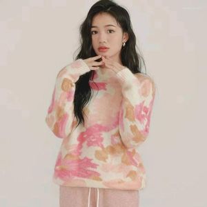 Women's Sweaters 2023 Autumn Women Cherry Blossom Pink Print Round Neck Long Sleeve Pullover Knitted Sweater