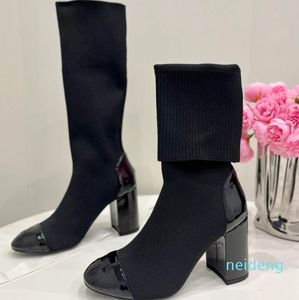 Leder-Stretch-Strick-Booties, hochhackige Sockenstiefel für Damen, Slip-On, sockenähnliche Manschette, klobige Absätze, Luxus-Designer, modische Abendparty-Schuhe, Fabrik-Schuhgröße