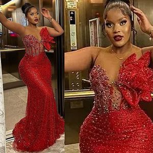 Plus Size Aso Ebi Mermaid Prom Dresses Red Jewel Beaded Sequined See Through African Nigeria Evening Dress Party Celebration Gowns