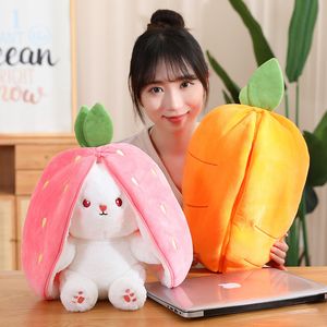 Plush Dolls 35cm Creative Funny Doll Carrot Rabbit Toy Stuffed Soft Bunny Hiding in Strawberry Bag Toys for Kids Girls Birthday Gift 230412