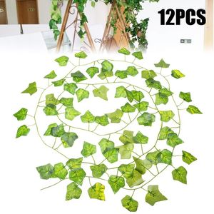 装飾的な花12pcs 2m緑の人工アイビーガーランド72プラスチック布のブドウの庭のための偽の花輪植物