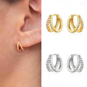 Hoop Earrings 925 Sterling Silver Needle Double Layer Metal Round For Women Gold Color Crystal CZ Huggie Jewelry