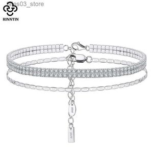 Anklets Rinntin 925 Sterling Silver Italian Spark Mirror Link Chain 2 Rows Tennis Anklet for Women Foot Armband Ankel Smycken SSA03 Q231113