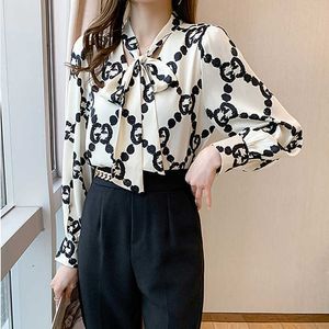 Letter Print Women Shirt Lantern Long Sleeve Chiffon Blouse V Neck French Button Versatile Base Layer Loose Casual