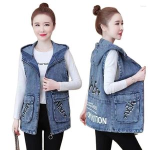 Women's Vests Spring Autumn Korean Fashion Pocket Denim Vest Women Mid Length Loose Hooded Waistcoat Letter Embroidery Female Jean Jacket