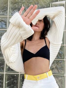 Women's Knits Tees Tossy White Women Sweater Shrugs Cropped Top Full Lantern Sleeve Knitwear Pullover Sexy Summer High Street Outwear Spring 230413