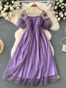 Casual Dresses Summer Fairy Gauze French Square Neck Gentle Wind High Waist Thin Purple Dress Tea Break A Long Vestidos Women D1260230413