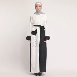 Ethnic Clothing 2023 Muslim Dress Women Turkish Dubai Fashion Middle East Black And White Classic Stitching Point Diamond Cardigan Robe