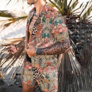 Tracki męskie Wysokiej jakości lato mężczyźni hawajskie zestawy lampartowe krótkie rękawowe guziki koszula plażowe szorty świąteczne męskie dwupoziomowe kardigan 230413