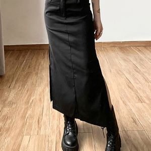 Etekler goth koyu grunge rahat etiket bölünmüş kadınlar midi mall gotik punk yüksek yükseltme ince uzun etek y2k seksi moda sokak kıyafeti 2023 230413