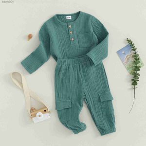 Set di abbigliamento Cotone Casual Neonate Ragazzi Abiti Bottoni solidi Manica lunga Girocollo Top con pantaloni lunghi 2 pezzi Vestiti per bambini