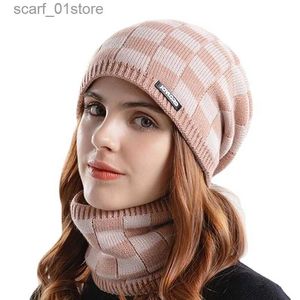 Chapéus cachecóis conjuntos femininos gorro chapéus cachecol conjunto quente chapéu de malha crânio c balaclava feminino inverno pescoço mais quente grosso velo forrado bobble chapéu para mulher l231113