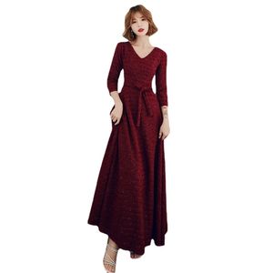 Weinrote Spitze Lange Abendkleider V-Ausschnitt A-Linie 3/4 Ärmel Sexy Elegante Damen Abendkleider Robe De Soiree