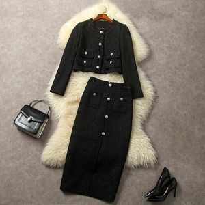 ヨーロッパとアメリカの女性のドレス2023冬の新しい長袖シングルブレストコートツイードブラックスカートファッションスーツ