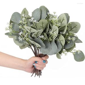 Flores decorativas 12/24 peças Artificial eucalipto caules com plantas de buquê verde de semente branca para decoração de casamento