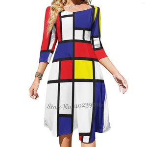 Casual Dresses Mondrian Study I Evening Party Midi Sexig klänning Kvinnlig Sweet One Piece Korean svart vit röd blå gul