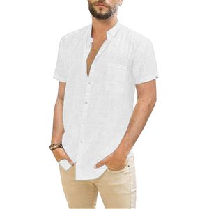 Camisas casuais masculas linho de algodão camisas masculinas colar de cor de cor sólida colar de colar de praia casual estilo mais tamanho 230413