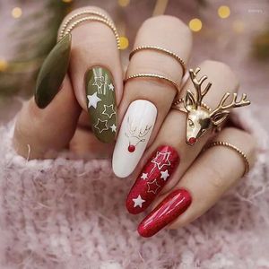 Falska naglar 10st som bär nagel jul falsk press på snöflinga franska stil vita tips hjortar röda snöflingor