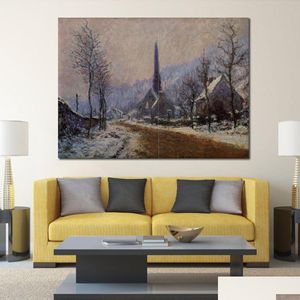 Paintings Church At Jeufosse Snowy Weather Hand Painted Claude Monet Canvas Art Impressionist Landscape Painting For Modern Home Dec Dhqty