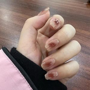 False Nails Mesh Red Powder Blusher Nail Enhancement Wearing Detachable Finished Sticker Short Gold