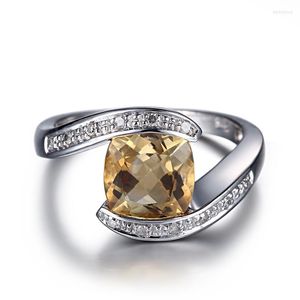 Cluster Rings Helon Solid 10K White Gold Flawless Cushion 8x8mm äkta naturlig Citrin Diamond Engagement Wedding Ring for Women Fine