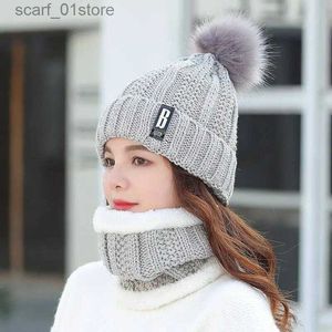Hats Scarves Sets Women Winter Scarf Hat Set Knitted Plush Inside Keep Warm Solid Pompoms C Female Beanies And ScarvesL231113