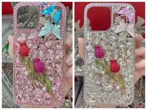 Capas de diamante Bling para iPhone 15 Pro Max 14 Plus 13 12 11 X XR XS 8 7 6 SE2 Luxo 3D Rosa Floral Flor Cristal Duro Acrílico PC Plástico Macio TPU Strass Meninas Capa de telefone