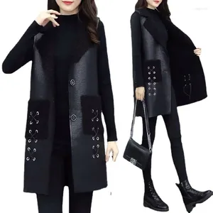 Women's Vests Winter Black Leather Vest Clothing 2023 PU Jacket Korean Solid Sleeveless Mid Long Coat Female Waistcoat Outerwear