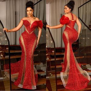 Red Beading Evening Dress Illusion Sequins Formal Prom Dress Sleeves Off The Shoulder Special Party Gowns Women Robe De Soiree