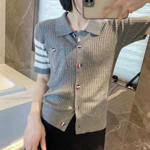TB Tom Women S tröjor Stripe Color Contrast Polo Neck Sticked Cardigan Ny Loose Casual Single Pocket Button Top