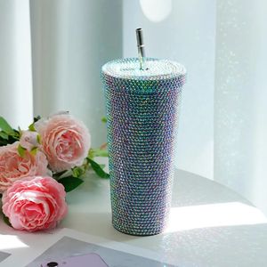 Vattenflaskor bling termisk flaska 750 ml glitter diamant tumlar lock med halm th z3m8 231113