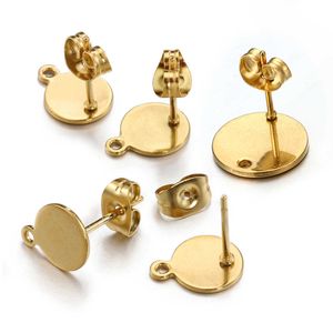 Stud 10pcs Paslanmaz çelik yuvarlak kulak saplamaları Küpe tabanı mücevher yapımı DIY altın renkli sarkçı deliği cazibe kolye bileşenleri p230411